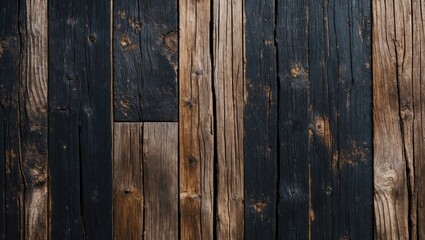 Fototapeta premium Dark weathered wooden planks with varied textures and colors in a rustic pattern suitable for backgrounds and surface designs