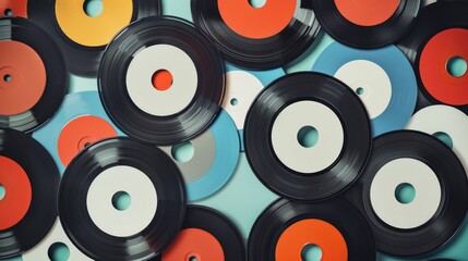 Colorful Vintage Vinyl Records Collection Retro Music Background Stack of 78 RPM Discs