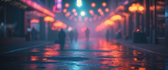Obraz premium Mysterious night scene with blurred figures walking on a wet street illuminated by atmospheric colored lights and fog in urban setting.