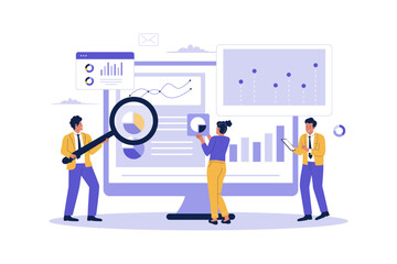 Illustration of people analyzing business data. Business group of people analyzing on a web report dashboard monitor. Illustration for websites, landing pages, mobile apps, posters and banners.