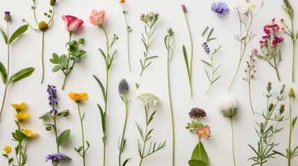 Vibrant Wildflower Collection Flat Lay of Diverse Summer Blooms on White Background