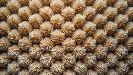 Textured surface of beige fabric with tufted patterns resembling fluffy pom-poms arranged in a geometric layout