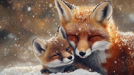 Obraz premium mother fox and her baby cub bonding in the snowy winter landscape a beautiful nature wildlife moment capturing the love and warmth of parenting in the wild with a happy and playful scene