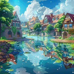 Picturesque Canal side Village with Charming Houses and Lush Greenery Reflected in Calm Water
