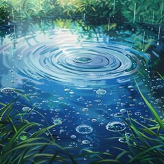 Serene Rainwater Puddle with Ripples Bubbles and Lush Green Grass
