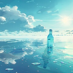 Serene Seascape Glass Bottle on Calm Ocean Water Under Sunny Sky