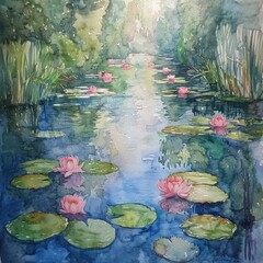 Serene Water Garden Pink Water Lilies on Calm Pond Lush Green Foliage