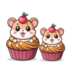 Vector illustration of two cupcake with cute bear and cherry  on bear head , food illustration of bakery.