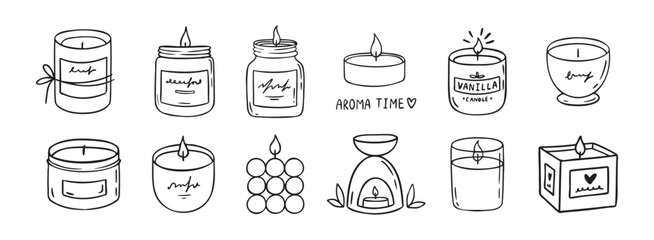 Candle doodle hand drawn icon set. Different shapes of wax candles, cubes, cylinders, balls. Burning candles