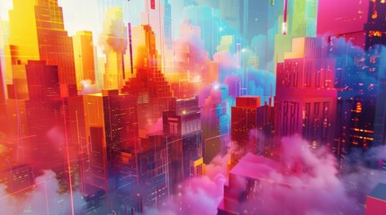 Vibrant Futuristic Cityscape Neon Lights Clouds and Modern Architecture