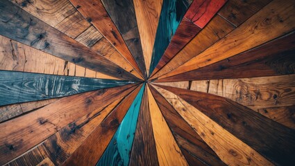Vibrant geometric pattern of assorted wooden planks creating a striking and colorful floor design in a rustic interior setting