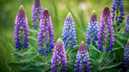 Fototapeta premium Lupine flowers in various shades of purple and blue growing in a lush green field background