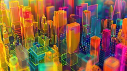 Vibrant Neon Cityscape Abstract 3D Render of Colorful Buildings