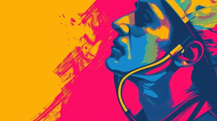 Vibrant Abstract Portrait of Person Listening to Music with Headphones Bold Colors and Graphic Style
