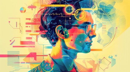 Vibrant Digital Portrait of Person with Tech Elements Abstract Art Colorful Design