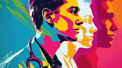 Vibrant Pop Art Style Portrait of Young Men Colorful Abstract Faces Headshots