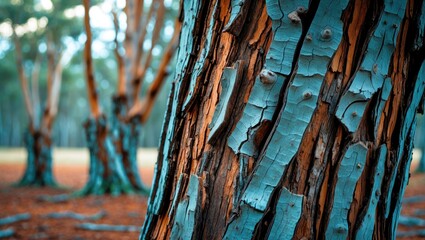 Close-up view of textured eucalyptus tree bark showcasing natural hues and patterns in a serene forest setting.