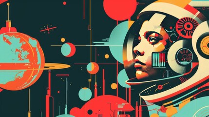 Futuristic Astronaut Woman Portrait Abstract Space Art Cosmic Design