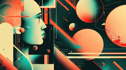 Abstract Geometric Portrait Woman s Face in Cosmic Teal and Orange Design
