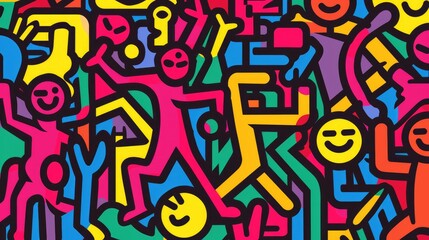 Vibrant Colorful Abstract Crowd of Happy Dancing People Seamless Pattern Design