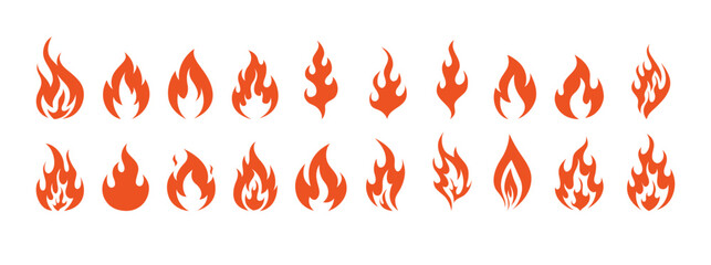 Fire symbols isolated icon flat set on white background. Blaze silhouette element