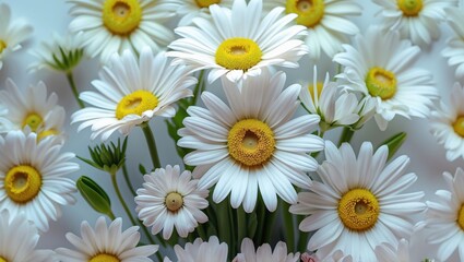 A close-up view of a vibrant bouquet of white daisies with yellow centers arranged beautifully on a light background.
