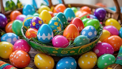 Vibrant collection of colorful plastic easter eggs arranged in a decorative basket surrounded by festive decorations and greenery.