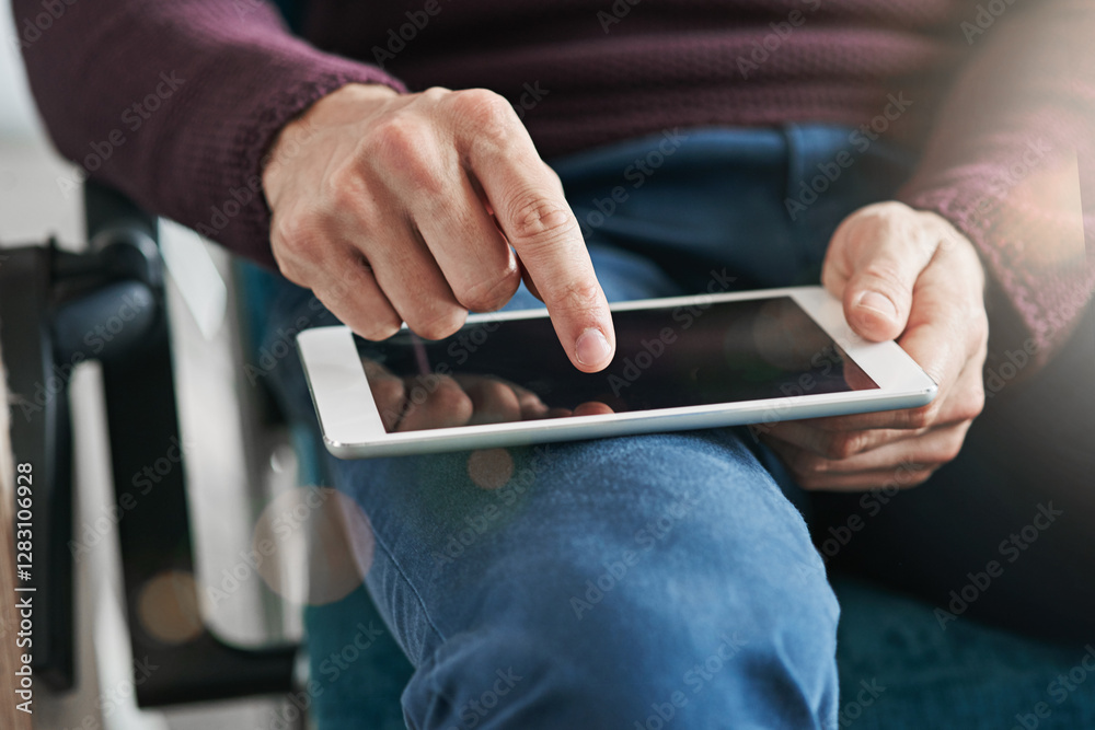 Aufkleber Screen, business and hands on person on tablet for networking, connection and internet in office. Startup, closeup and worker on digital tech for online project, research and website for planning