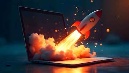 Rocket Launching Out of Laptop - Innovation and Technology Concept
