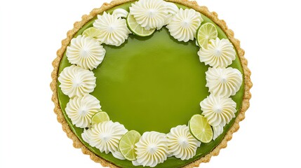 A perfectly round Key Lime Pie with elegant whipped cream decorations, golden crust, and a vibrant lime filling, isolated on a white background, top-down shot.