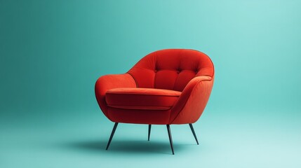 Ruby chair standing out against a powder blue studio background 