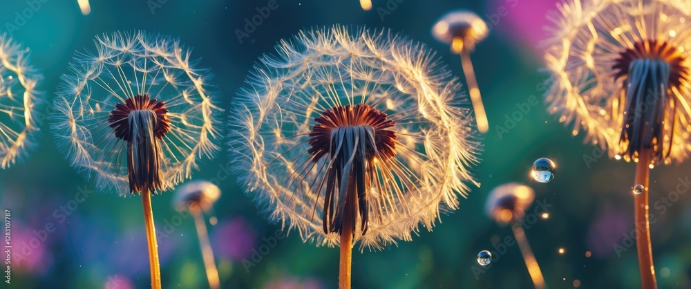 Wall mural dandelion seeds glistening with water drops in a colorful garden setting creating a serene and encha