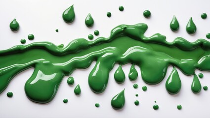 Vibrant green paint droplets and splashes on a clean white background creating an artistic and dynamic visual effect.