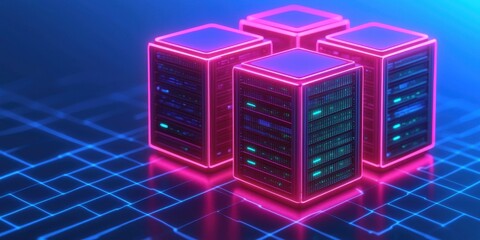 Data Fortress: A futuristic depiction of data servers illuminated with vibrant neon light, symbolizing the strength and security of information networks in a digital world.