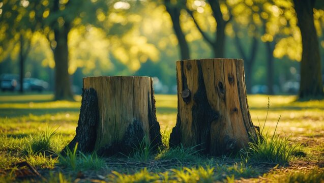 Twin tree stumps surrounded by lush grass in a serene park setting with sunlight filtering through the trees creating a tranquil atmosphere