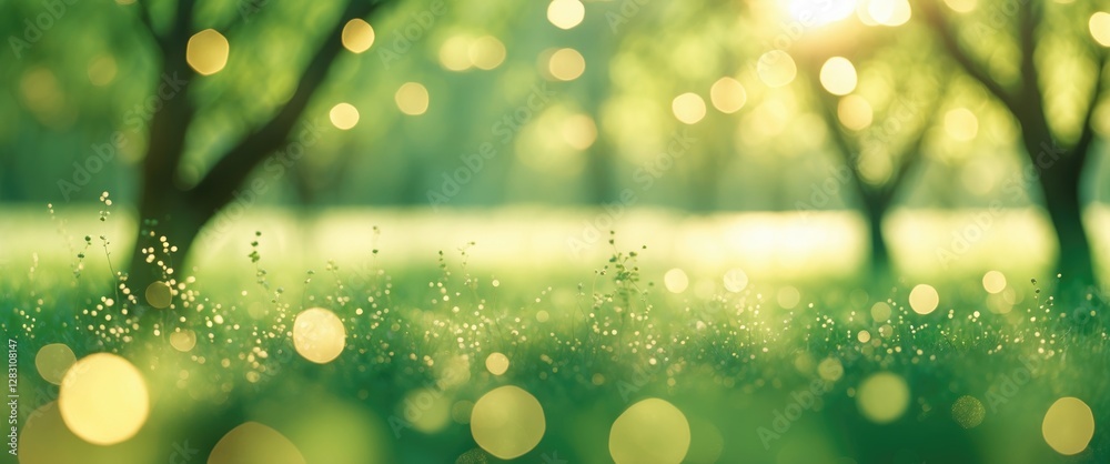 Wall mural Abstract blurred nature background with sunlight bokeh effect and green grass fields in a forest setting with trees in the distance