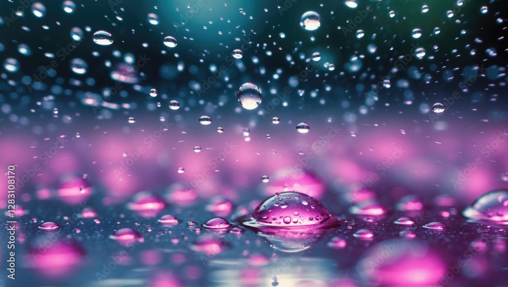 Wall mural macro shot of water droplets on a reflective surface with a blurred pink background and bokeh effect