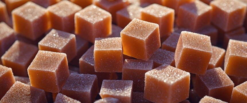 Brown sugar cubes arranged in a close-up view showcasing their texture and details with a soft focus background