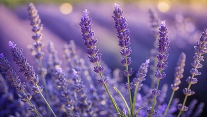 Obraz premium Lavender field with vibrant purple blooms creating a serene and calming natural background for wellness and relaxation themes.