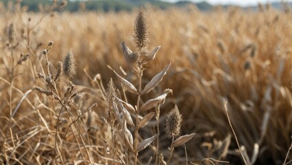 Fototapeta premium Golden dry grass with focused wormwood branches creating an abstract floral background in a serene field setting.