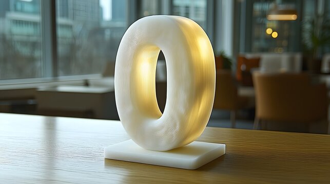 A closeup shot of a matte white 3D printed number 0 displayed on a clean minimalist desk setup  The simple geometric shape creates a modern abstract composition with a contemporary stylish appeal