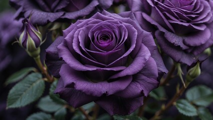 Close-up of vibrant purple roses with lush green foliage in soft natural lighting
