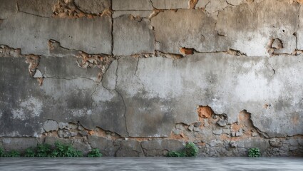Fototapeta premium Textured old concrete wall with cracks and peeling paint in urban setting with green plants near base