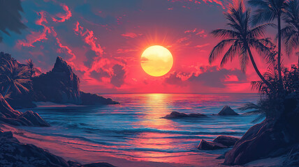 Beautiful sunset with a big sun sinking into the sea, creating a serene and peaceful view