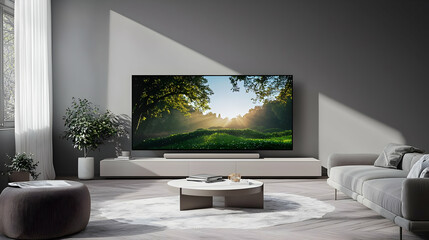 Modern Living Room Interior With Large Television Screen Display Bright Daylight And Comfortable Sofa