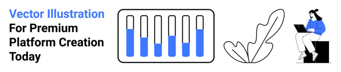 Vertical bars representing data, abstract leaf graphic, individual on a laptop symbolize growth, analysis, productivity. Ideal for business, analytics, strategy, creativity education teamwork flat