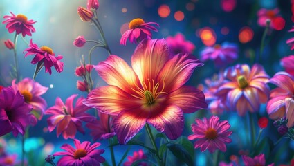 Fototapeta premium Colorful close-up of vibrant flowers in a lush garden with a soft blurred background and warm lighting effects.