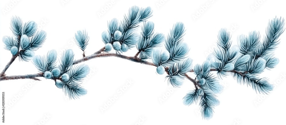 Poster blue spruce branch with cyan-tinted needles and cones on a clean white background, extending diagona