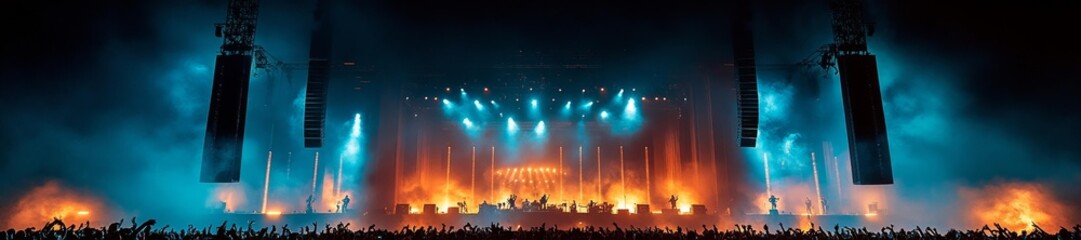 Fototapeta premium Spectacular concert with dynamic stage lights and excited crowd at night. Generative AI