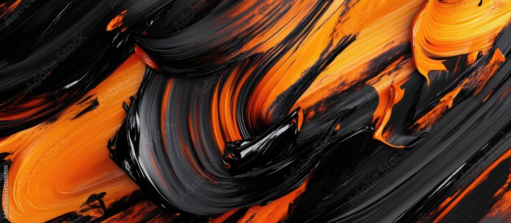 Leinwandbilder vibrant black and orange abstract paint texture with sweeping brush strokes creating dynamic movemen